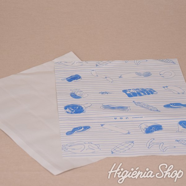 Halványszürke fóliázott húscsomagoló papír kék színű hús mintával - 30x30 cm / 5 kg