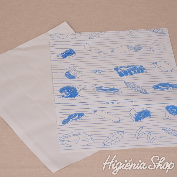 Halványszürke fóliázott húscsomagoló papír kék színű hús mintával - 60x40 cm / 15 kg