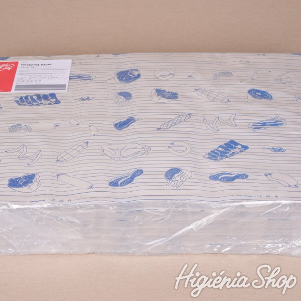 Halványszürke fóliázott húscsomagoló papír kék színű hús mintával - 60x40 cm / 15 kg