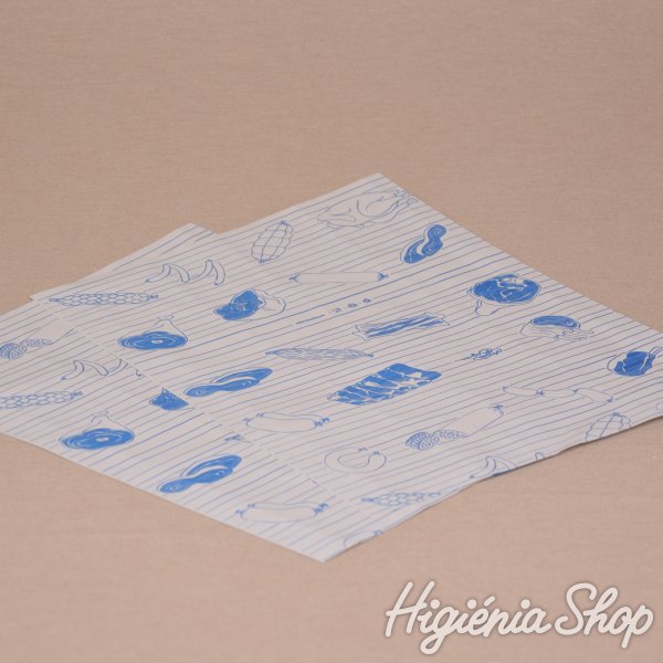 Halványszürke fóliázott húscsomagoló papír kék színű hús mintával - 30x30 cm / 5 kg